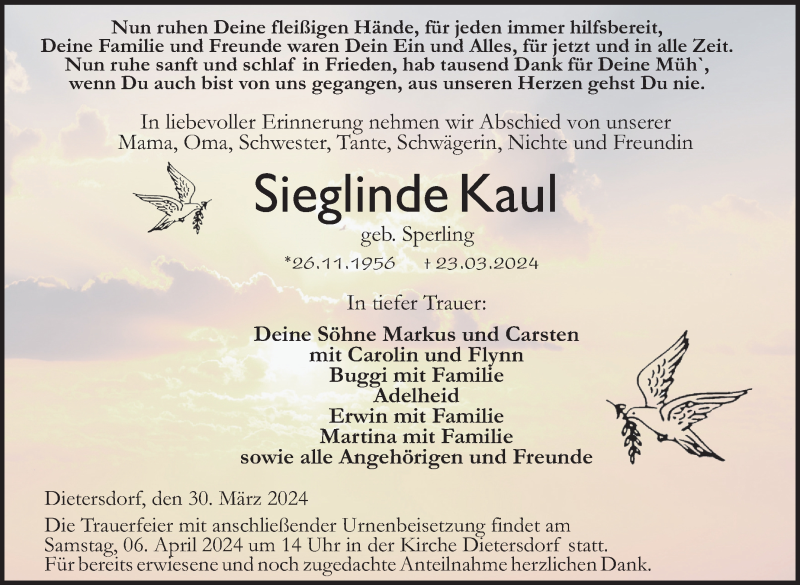  Traueranzeige für Sieglinde Kaul vom 30.03.2024 aus Neue Presse Coburg