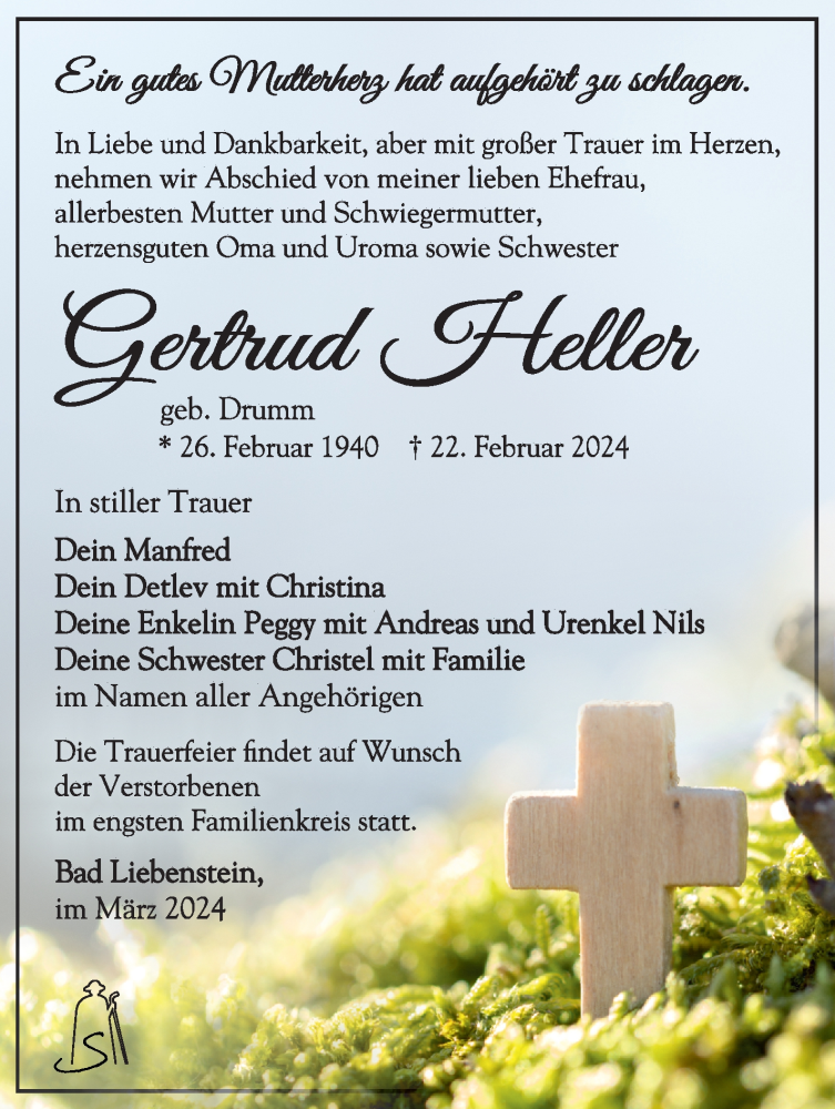  Traueranzeige für Gertrud Heller vom 09.03.2024 aus Südthüringer Presse