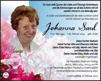 Traueranzeige von Johanna Saul von Südthüringer Presse