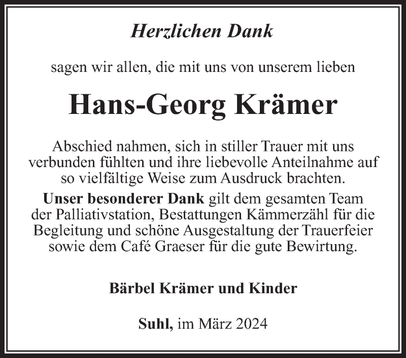  Traueranzeige für Hans-Georg Krämer vom 30.03.2024 aus Südthüringer Presse