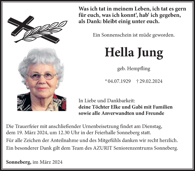  Traueranzeige für Hella Jung vom 09.03.2024 aus Südthüringer Presse