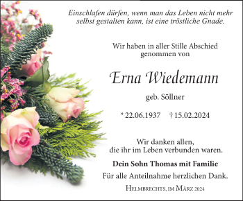 Traueranzeige von Erna Wiedemann von Frankenpost
