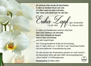 Traueranzeige von Erika Zapf von Südthüringer Presse