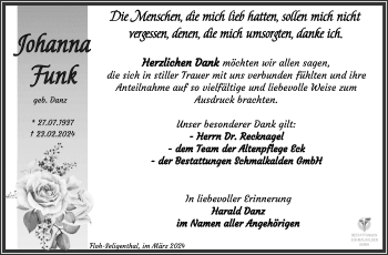 Traueranzeige von Fohanna Funk von Südthüringer Presse