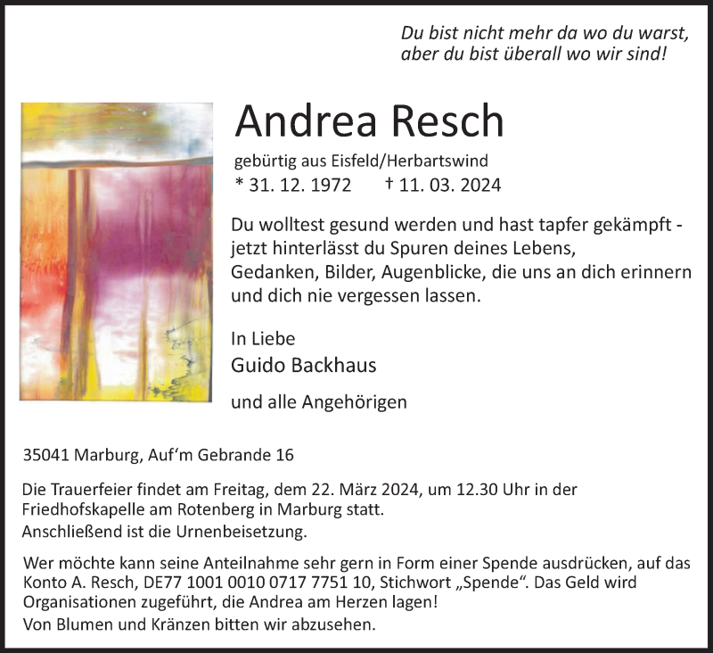  Traueranzeige für Andrea Resch vom 16.03.2024 aus Südthüringer Presse