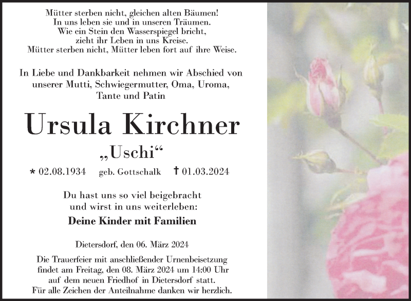  Traueranzeige für Ursula Kirchner vom 06.03.2024 aus Neue Presse Coburg