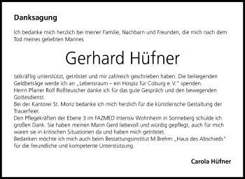 Traueranzeige von Gerhard Hüfner von Neue Presse Coburg