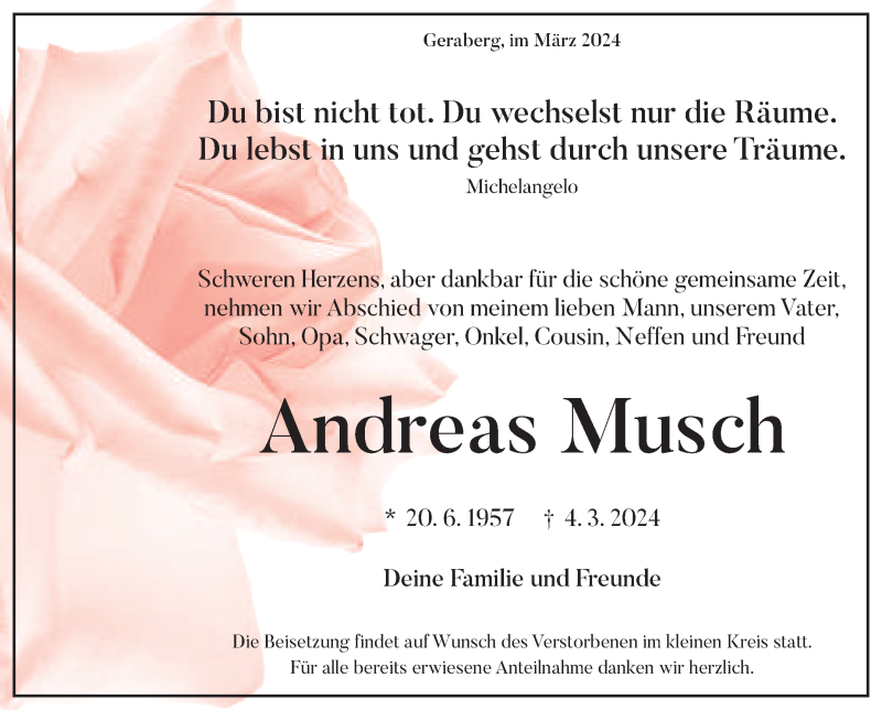  Traueranzeige für Andreas Musch vom 16.03.2024 aus Südthüringer Presse