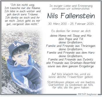 Traueranzeige von Nils Fallenstein von Südthüringer Presse