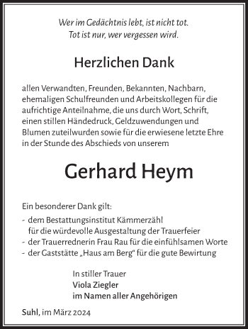 Traueranzeige von Gerhard Heym von Südthüringer Presse