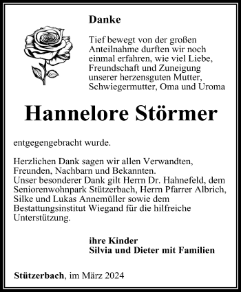 Traueranzeige von Hannelore Störmer von Südthüringer Presse
