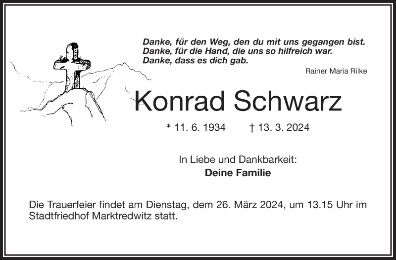  Traueranzeige für Konrad Schwarz vom 23.03.2024 aus Frankenpost