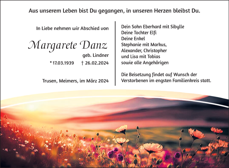  Traueranzeige für Margarete Danz vom 09.03.2024 aus Südthüringer Presse