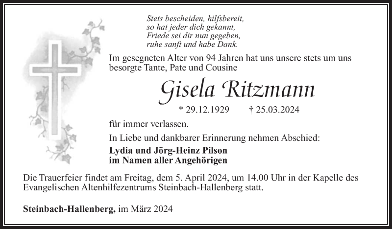  Traueranzeige für Gisela Ritzmann vom 30.03.2024 aus Südthüringer Presse