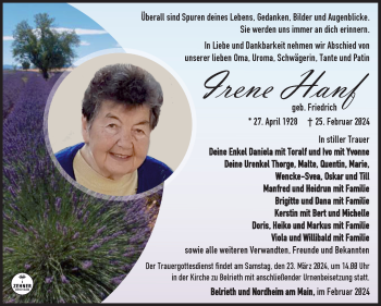 Traueranzeige von Irene Hanf von Südthüringer Presse
