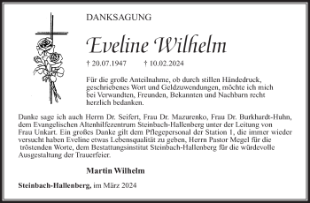 Traueranzeige von Eveline Wilhelm von Südthüringer Presse
