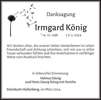 Traueranzeige von Irmgard König von Südthüringer Presse