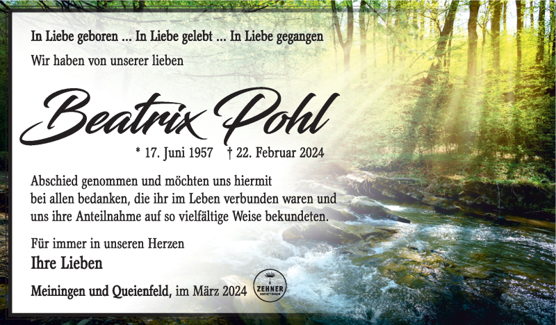  Traueranzeige für Beartix Pohl vom 16.03.2024 aus Südthüringer Presse
