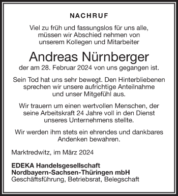 Traueranzeige von Andreas Nürnberger von Frankenpost