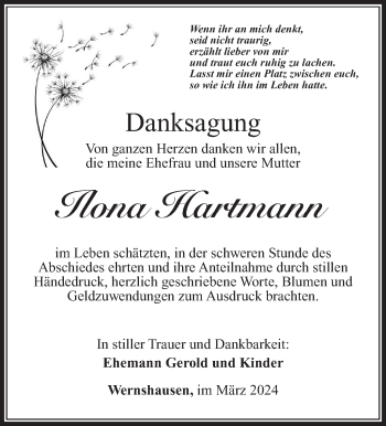 Traueranzeige von Ilona Hartmann von Südthüringer Presse