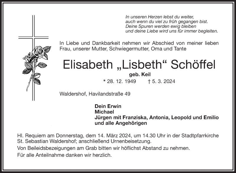  Traueranzeige für Elisabeth Schöffel vom 09.03.2024 aus Frankenpost