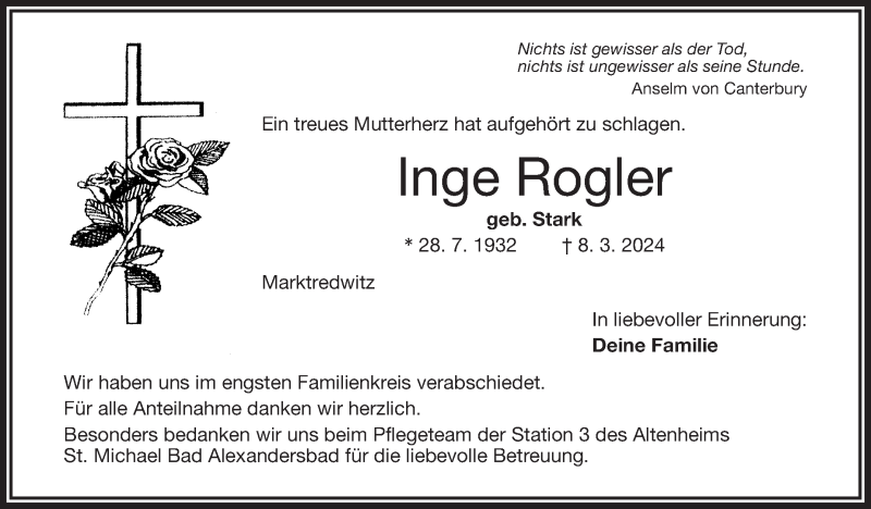  Traueranzeige für Inge Rogler vom 23.03.2024 aus Frankenpost