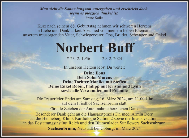  Traueranzeige für Norbert Buff vom 09.03.2024 aus Südthüringer Presse