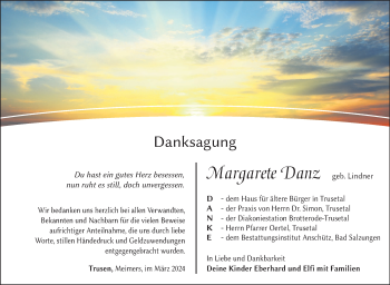Traueranzeige von Margarete Danz von Südthüringer Presse