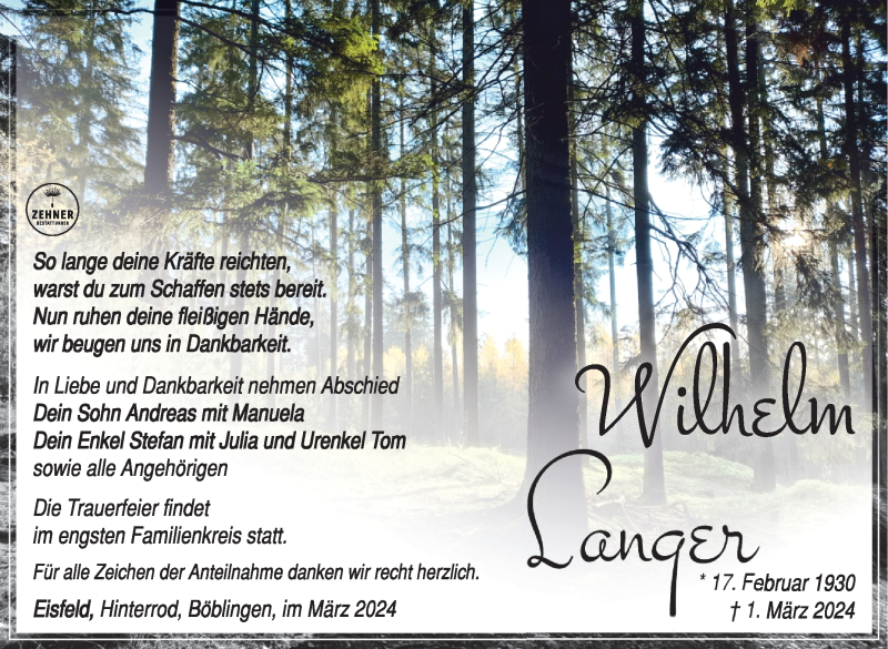  Traueranzeige für Wilhelm Langer vom 23.03.2024 aus Südthüringer Presse