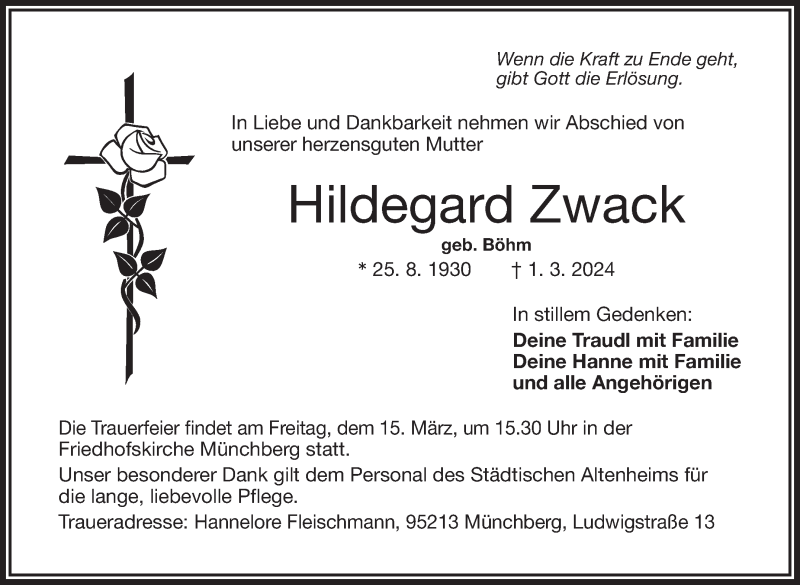  Traueranzeige für Hildegard Zwack vom 13.03.2024 aus Frankenpost