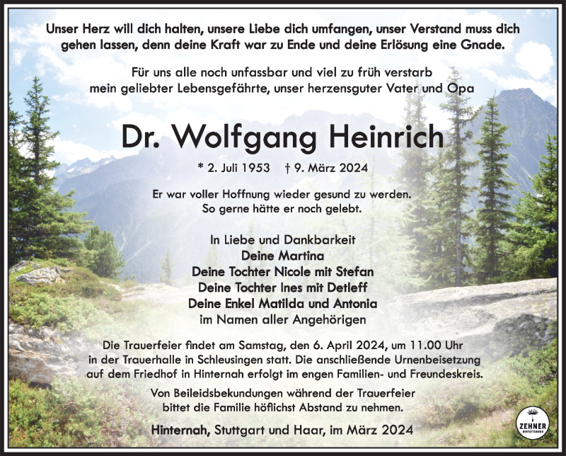  Traueranzeige für Wolfgang Heinrich vom 23.03.2024 aus Südthüringer Presse
