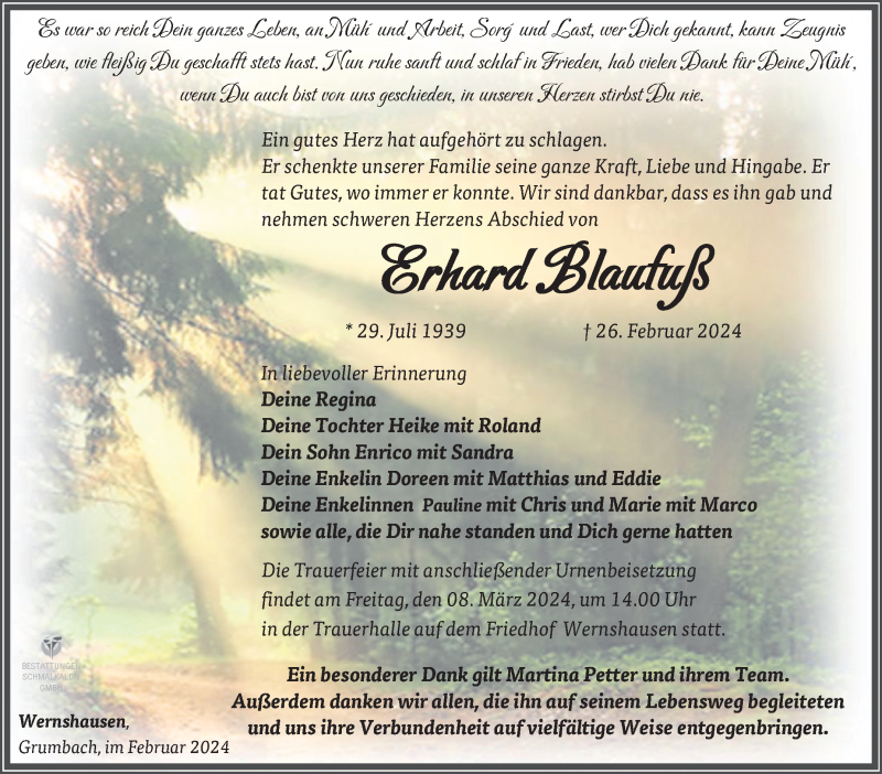  Traueranzeige für Erhard Blaufuß vom 02.03.2024 aus Südthüringer Presse