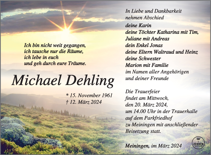  Traueranzeige für Michael Dehling vom 16.03.2024 aus Südthüringer Presse