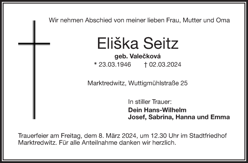  Traueranzeige für Eli?ka Seitz Seitz vom 06.03.2024 aus Frankenpost