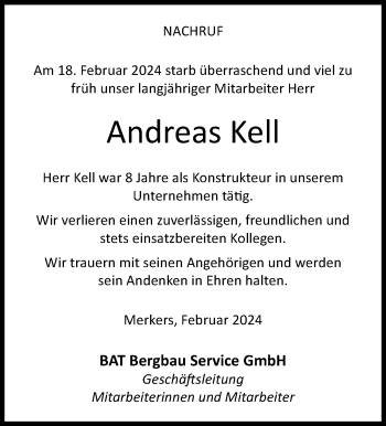 Traueranzeige von Andreas Kell von Südthüringer Presse