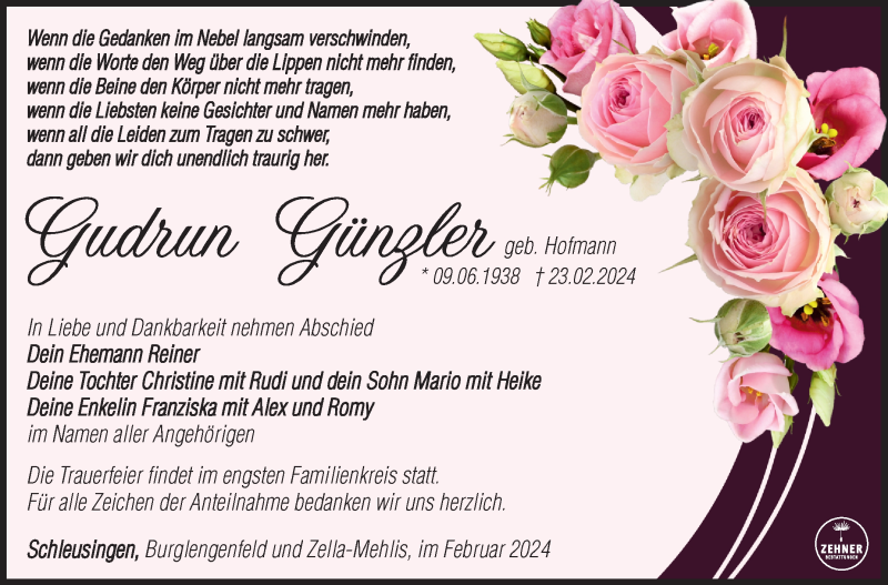 Traueranzeige für Gudrun Günzler vom 02.03.2024 aus Südthüringer Presse