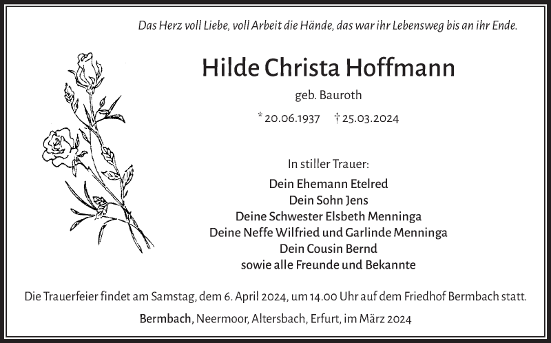  Traueranzeige für Hilde Hoffmann vom 30.03.2024 aus Südthüringer Presse