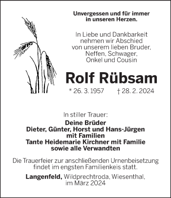 Traueranzeige von Rolf Rübsam von Südthüringer Presse