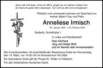 Traueranzeige von Anneliese Irmisch von Frankenpost