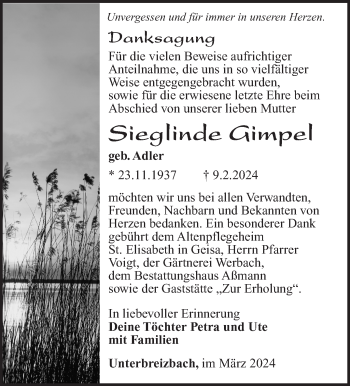 Traueranzeige von Sieglinde Gimpel von Südthüringer Presse