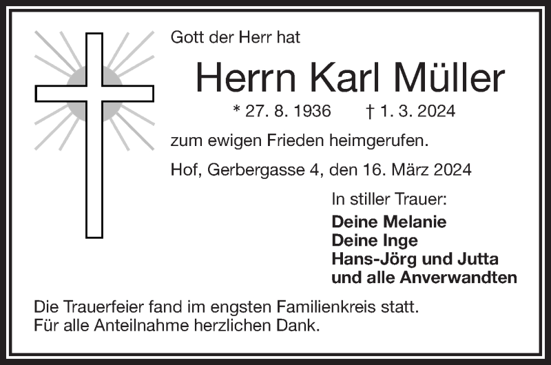  Traueranzeige für Karl Müller vom 16.03.2024 aus Frankenpost
