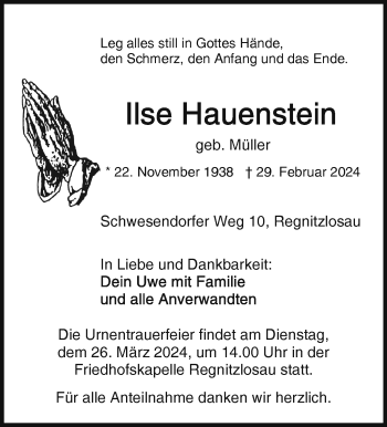 Traueranzeige von Ilse Hauenstein von Frankenpost