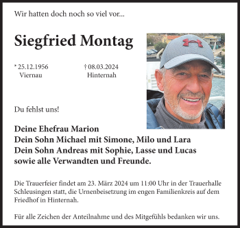 Traueranzeige von Siegfried Montag von Südthüringer Presse