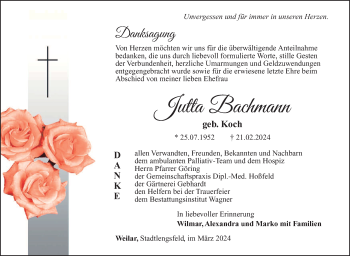 Traueranzeige von Jutta Bachmann von Südthüringer Presse