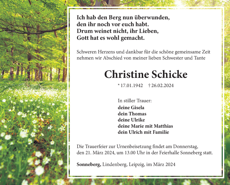  Traueranzeige für Christine Schicke vom 09.03.2024 aus Südthüringer Presse
