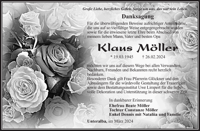  Traueranzeige für Klaus Möller vom 30.03.2024 aus Südthüringer Presse