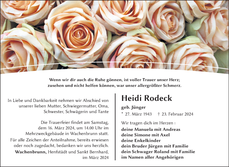  Traueranzeige für Heidi Rodeck vom 09.03.2024 aus Südthüringer Presse