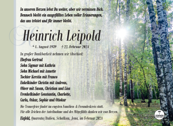 Traueranzeige von Heinrich Leipold von Südthüringer Presse