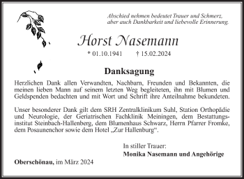 Traueranzeige von Horst Nasemann von Südthüringer Presse
