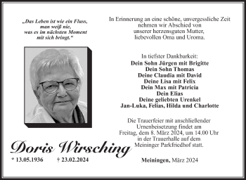 Traueranzeige von Doris Wirsching von Südthüringer Presse